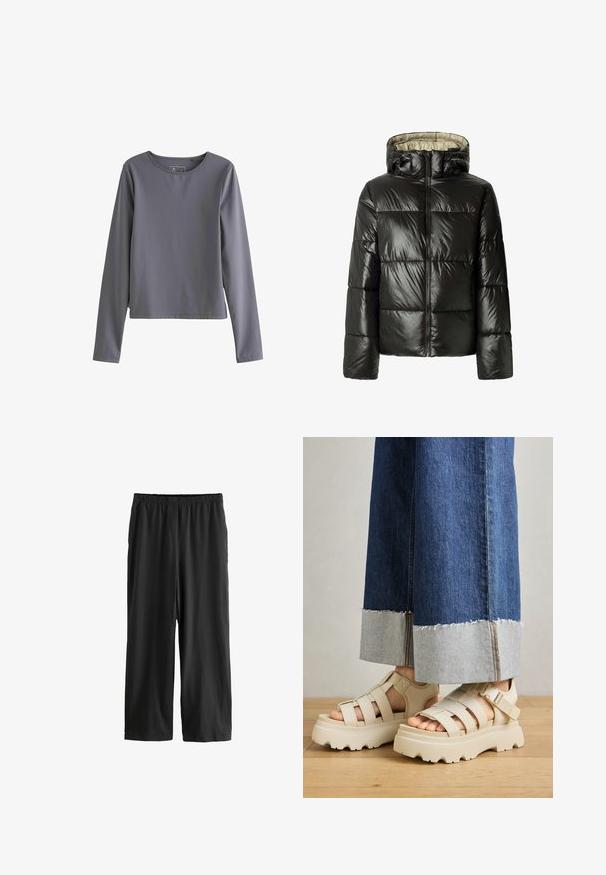 Melna pūkaina jaka ar spīdīgu, quiltēta virsma, kapuci, priekšējo rāvējslēdzēju un elastīgām piedurknēm. Iekšpusei ir kontrastējoša gaiša krāsa.; Pelēkā krāsa garām piedurknēm augšdaļa, kas izgatavota no gludas auduma; ar apaļu kakla izgriezumu un taisnu, nedaudz brīvu piegriezumu bez redzamām rakstām vai akcentiem.; Melnas, līdz ceļiem garas bikses, kas izgatavotas no vieglas auduma. Elastīgs jostasvērums un gluda tekstūra ar taisnu kāju dizainu. Nav redzamu detaļu vai rakstiem.; Beige platforma sandales ar biezām zolēm, kurām ir siksniņu dizains un regulējamas potītes siksnas. Valkātas ar platām denima biksēm, kurām viens apakšmalas gals ir izsists.