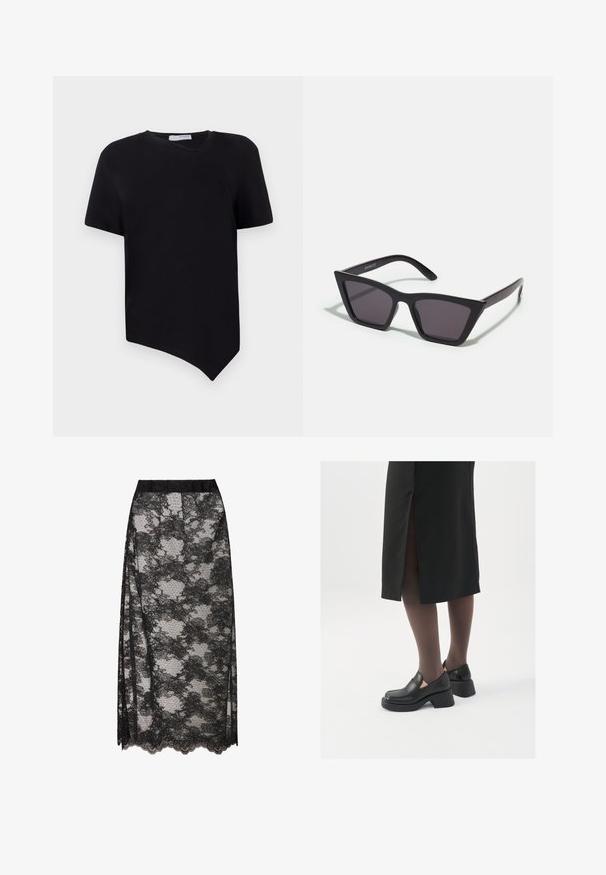 Krótka kurtka z sztucznego futra w jasnym beżu, z wysokim kołnierzem, długimi rękawami i miękką, teksturowaną powierzchnią. Brak widocznych zapięć i wzorów.; Czarny t-shirt z krótkim rękawem o asymetrycznym hemie i okrągłym dekolcie; wykonany z miękkiej, gładkiej tkaniny o minimalistycznym wzornictwie.; Czarna koronkowa spódnica z falbaniastym dołem, z kwiatowym wzorem i przezroczystą teksturą. Elastyczny pas zapewniający wygodę noszenia.; Czarne skórzane buty z okrągłym noskiem, grubym blokowym obcasem i elastycznymi akcentami po bokach, zestawione z ciemnymi rajstopami i czarną spódnicą z rozcięciem.; Czarne, kanciaste okulary przeciwsłoneczne z szarymi soczewkami; wykonane z plastiku, z grubymi zausznikami o gładkiej powierzchni i bez widocznych elementów metalowych.