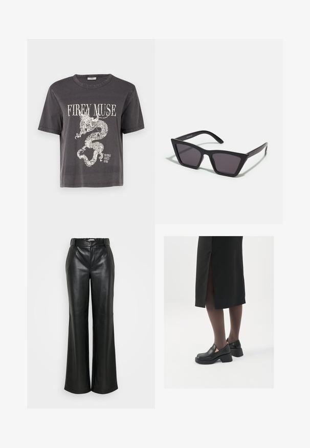 Īss mākslīgās kažokādas jaku gaiši bēšā krāsā ar augstu apkakli, garām piedurknēm un mīkstu, fakturētu virsmu. Nav redzamu aizdares vai rakstu.; Tumši pelēks īsās piedurknes krekls ar baltu pūķa grafiku un tekstu "UGUNĪGA MUZA" treknā fontā. Kokvilnas materiāls.; ONLY Tall ONLSMOOTH WIDE - Auduma bikses - black; Melni ādas apavi ar noapaļotu purngalu, biezām bloku papēžiem un elastīgiem sānu akcentiem, apvienoti ar tumšām zeķubiksēm un melnu svārku ar šķirbu.; Melni, stūrveida saulesbrilles ar pelēkiem objektīviem; izgatavotas no plastmasas, ar biezām kājām, kam ir gluda virsma un nav redzamu stiprinājumu.