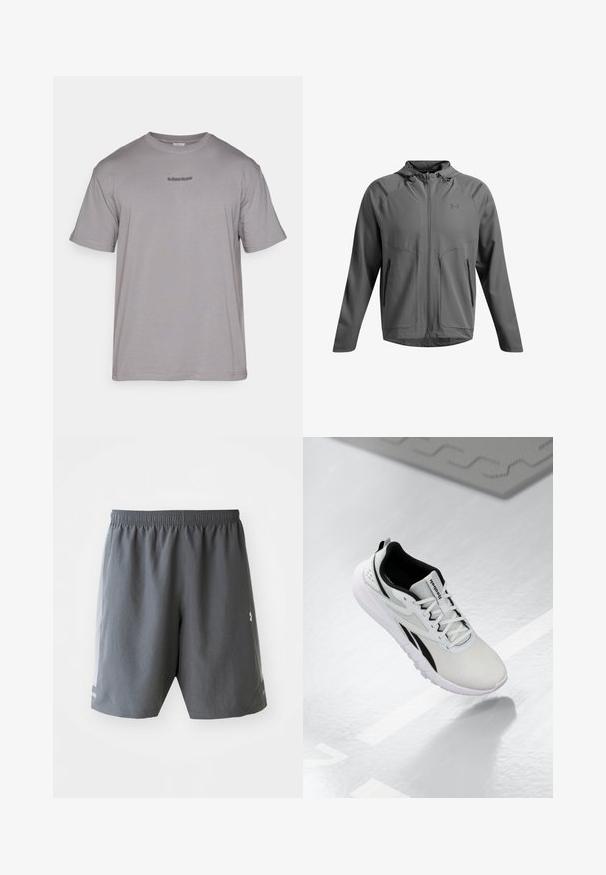 Giacca atletica grigia con cappuccio. Realizzata in tessuto morbido e leggero. Presenta una chiusura frontale con zip, due tasche con zip e sottili dettagli sulle spalle.; T-shirt grigia in cotone con scollatura a girocollo. Presenta maniche corte e un piccolo logo ricamato di grigio scuro sul petto.; Pantaloni sportivi grigi con una cintura elasticizzata, texture liscia e pannelli laterali in rete. Presentano strisce sottili vicino all'orlo e un logo.; Scarpa sportiva grigia chiara con dettagli neri, tomaia in rete testurizzata, suola imbottita e chiusura con lacci. Presenta un linguetta sul tallone.