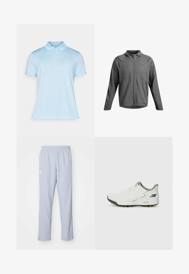 Šedá sportovní bunda s kapucí. Vyrobena z hladké, lehké tkaniny. Obsahuje přední zip, dvě zipové kapsy a decentní ramenní akcenty.; Světle modré polo tričko vyrobené z hladké tkaniny, s klasickým límcem, zapínáním na tři knoflíky a krátkými rukávy, navržené pro přiléhavý střih.; Světle modré sportovní kalhoty s elastickým pasem, bočními kapsami a zipy na kotnících. Na levém stehně se nachází bílá logo.; Bílé sportovní boty s hladkým svrškem, šedými akcenty a texturovanou černou podrážkou se oranžovými hroty. Lehké provedení zaměřené na pohodlí.