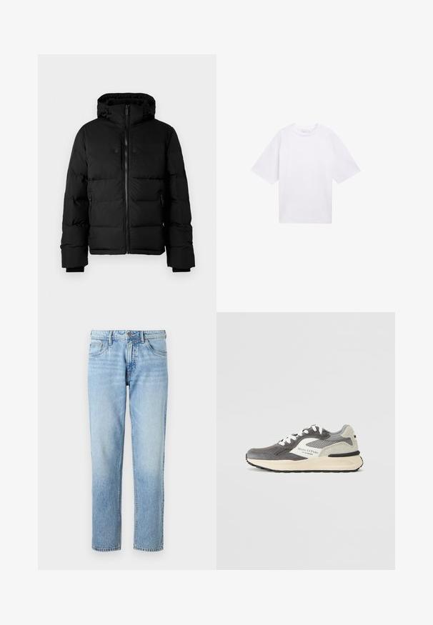 Must musta isolatsiooniga talvejope kapuutsiga, ees lukuga, külgedel lukkudega taskud ja reguleeritavad nöörid kapuutsil.; Valge lühikeste varrukatega T-särk, mis on valmistatud puuvillast. Mugav lõige ja ümmargune kaelus. Sile tekstuur ja ei mingeid nähtavaid mustreid või aksessuaare.; Heledad sinine teksapüksid otse sääre lõikega, viie taskuga disain, kulunud tekstuur ning klassikaline nööp-ja tõmblukk.; Meeste jooksujalats, millel on halli nahka ja võrgust segu, valged aktsendid, must kummist välistald ja kõrval logo detail.