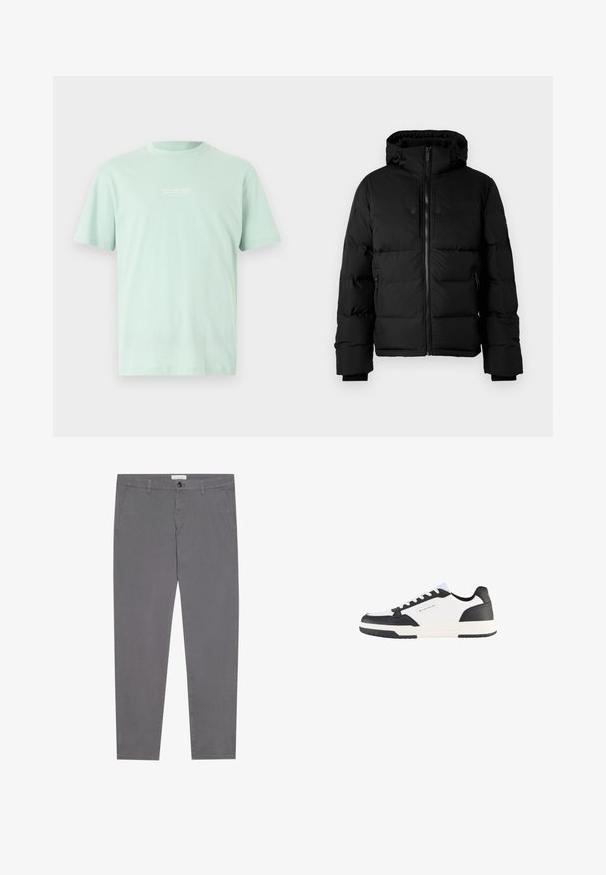 Zwarte geïsoleerde winterjack met capuchon, voorkant met rits, ritszakken aan de zijkant en verstelbare koordjes op de capuchon.; Licht mintgroene katoenen T-shirt met ronde hals, korte mouwen en een kleine witte tekstafbeelding op de borst. Glad textuur en een casual pasvorm.; Grijze katoenen broeken met een slim fit, voorzien van twee zijzakken, een enkele achterzak en een knoopsluiting aan de taille.; Witte en zwarte sneakers met een gladde leren bovenkant, contrasterende accenten, een gestructureerde rubberen zool en een merklabel aan de zijkant.