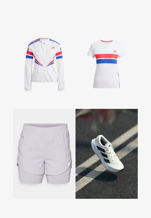 Valge sportlik jakk siniste ja punaste detailidega, tõmblukuga ees, kõrge kraega ning julgete nurkadega mustrid varrukatel ja kereosal.; Valge sportlik t-särk, millel on punased ja sinised horisontaalsed triibud, ümmargune kaelus, lühikesed varrukad ja rinnal logo.; adidas Performance W MIN 2IN1 SHO - Spordišortsid - glory grey; Valge jooksujalats tekstuuriga ülemise osa, must kolme triibu kujundus, pehme krae ja kerge talla, paigutatud õhku üle teepinna.