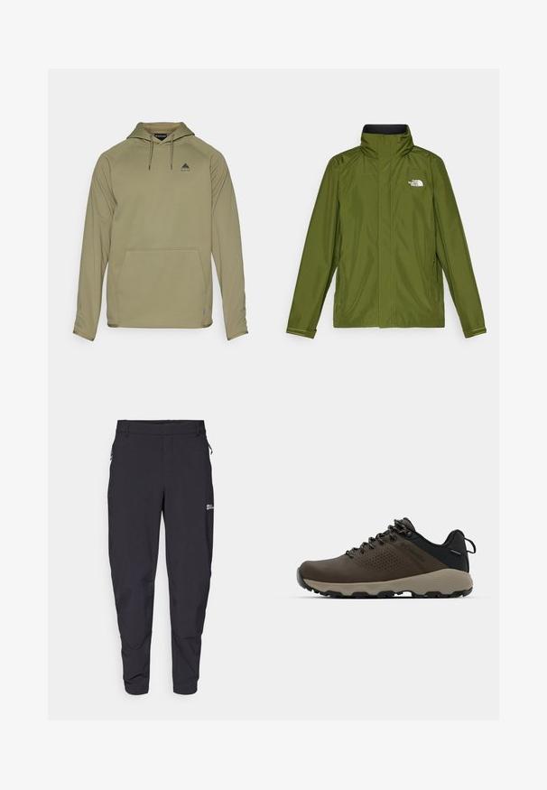 Vodootporna jakna maslinaste boje s visokim ovratnikom, dugim rukavima i utisnutim logotipom na lijevoj strani prsa. Sadrži džepove s patentnim zatvaračem i podesive manžete.; Burton MENS CROWN WEATHERPROOF - Vesta od flisa - forest moss; Tamno sivi, lagani vanjski hlače uskog kroja, s elastičnim pojasom, zatvorenim džepovima i suptilnim logotipom sa strane.; Smeđe vodootporne tenisice s teksturiranom gornjom i perforiranim detaljima, crnom potporom za petu i sivim gumiranim potplatom. Čipke su stilizirane s metalnim krajevima.