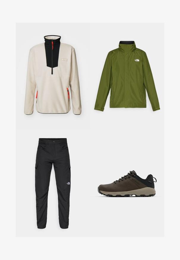 Oliivroheline veekindel jakk kõrge kraega, pikkade varrukatega ja vasakul rinnal reljeefse logoga. Omab tõmblukuga taskuid ja reguleeritavaid mansette.; Beezist fleece pusa, millel on musti tõmblukke ja oranžid aksessuaarid, koos logo paigaga. Kõik tõmburid asuvad külgedel.; The North Face HORIZON PANT - Õuepüksid - black; Kohandatud veekindlad pruunid spordijalatsid tekstuuriga pealisega, perforatsioonidega detailid, must kandetoetav osa ja hall kummine sisetald. Paelad on metallist otstega.