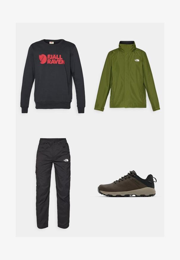 Jachetă impermeabilă de culoare verde măslinie, cu guler înalt, mâneci lungi și logo embossat pe pieptul stâng. Dispune de buzunare cu fermoar și manșete ajustabile.; Hanorac negru din bumbac, cu un logo roșu proeminent și grafică. Designul include mâneci lungi și guler rotund.; Pantaloni cargo negri, confecționați dintr-un material ușor. Prezintă buzunare laterale cu fermoar și un logo pe coapsa stângă. Design cu picioare drepte.; Adidași impermeabili maro, cu un superior texturat, accente perforate, suport pentru călcâie negru și o talpă din cauciuc gri. Șireturile au vârfuri metalice.