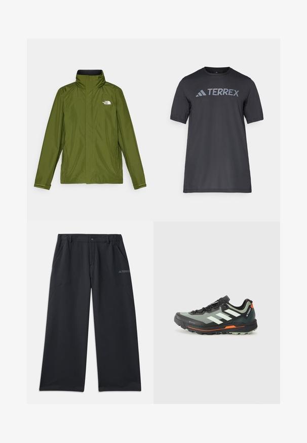 Casaco impermeável verde-oliva com gola alta, mangas longas e logo em relevo no lado esquerdo do peito. Apresenta bolsos com fecho e punhos ajustáveis.; Camiseta preta de manga curta feita de tecido leve, com o logótipo cinza-claro "TERREX" atravessando o peito e um decote redondo.; Calças exteriores pretas com corte descontraído, com dois bolsos laterais e fecho de botão. Feitas com material durável e leve.; Sapatilha de trail running leve com parte superior em malha cinza e preta, detalhes em laranja e uma sola robusta para tração. Forro impermeável em Gore-Tex.