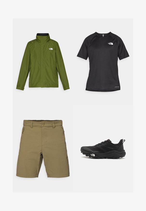 Olívazöld vízálló dzseki magas gallérral, hosszú ujjakkal és dombornyomott logóval a bal mellen. Cipzáras zsebekkel és állítható mandzsettákkal rendelkezik.; Fekete, rövid ujjú sportpóló struktúrált anyagból, bal mellen fehér logóval és egyenes aljjal.; Könnyű anyagból készült khaki sort, cipzáras zsebbel, gombos záródással és egyenes szegéllyel. Az derékpánt részben rugalmas.; Fekete terepfutó cipő, textúrált felső résszel, gumitalppal és megerősített lábujjrészével. Párnázott bokarésszel és húzófüllel rendelkezik a könnyű felhúzáshoz.