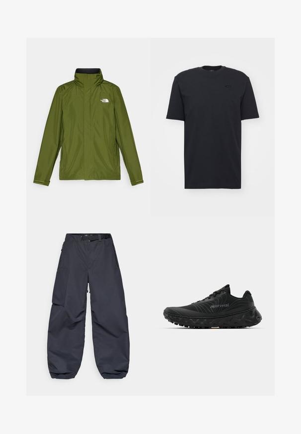 Olivengrønn vanntett jakke med høy krage, lange ermer og preget logo på venstre bryst. Har glidelåslommer og justerbare mansjetter.; Svart bomulls t-skjorte med korte ermer og rund hals, med en subtil logo-akse på brystet og en avslappet passform.; Mørkegrå cargo bukser laget av et mykt, slitesterkt materiale. De har en bred, løs passform, flere lommer og et belte i midjen for justering.; Svarte treningssko med teksturert overdel, forsterket hæl, buet såle og aggressivt mønster for godt grep. Merkbar bølgende designdetalj.