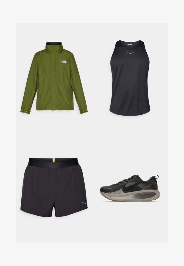 Olīvu zaļa ūdensizturīga jaka ar augstu apkakli, garām piedurknēm un reljefu logotipu kreisajā krūtī. Iekļauj zameta kabatas un regulējamas aproces.; Melna bezpiedurkņu sporta topiņa, izgatavota no elpojoša auduma, ar apaļu kakla izgriezumu un atstarojošu logo akcentu uz krūšu daļas.; Melni sporta šorti ar satīna apdari, elastīgu jostasvietu un atstarotāju logotipu apakšējā labajā stūrī. Viegla dizaina, viegla auduma.; Melna sporta apava ar sietu augšdaļu, atstarojošiem akcentiem un ZoomX amortizāciju. Aprīkots ar teksturētu zoli labākai saķerei. Elegants dizains.