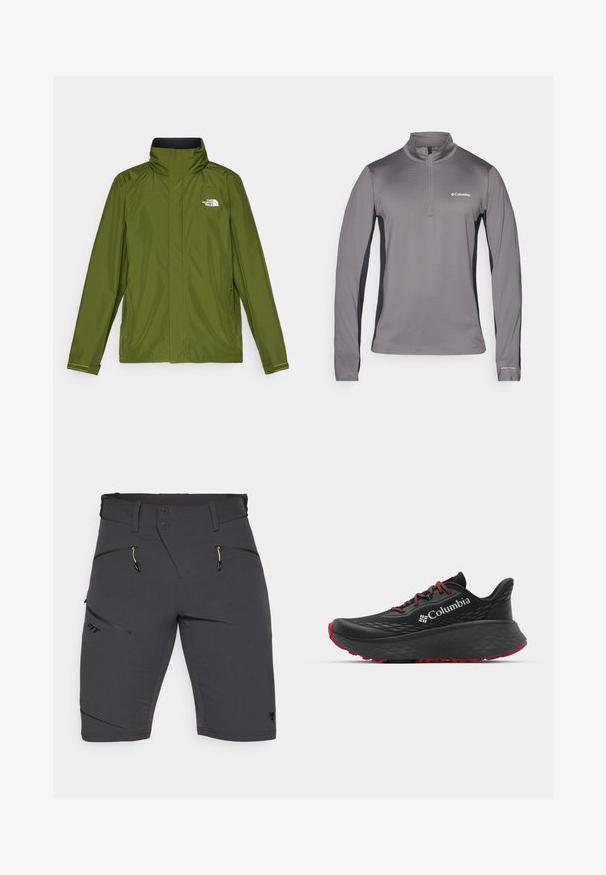 Olivengrønn vanntett jakke med høy krage, lange ermer og preget logo på venstre bryst. Har glidelåslommer og justerbare mansjetter.; Grå genser med lange ermer og halv glidelås, teksturert stoff, kontrasterende svarte sidelapper og liten logo på brystet.; Dynafit TRANSALPER - Friluftsshorts - black out; Svart treningssko med teksturert overdel, røde snører og logo. Tykksåle med mønstrede dekk for bedre veigrep. Minimalistisk design, sidevinkel.
