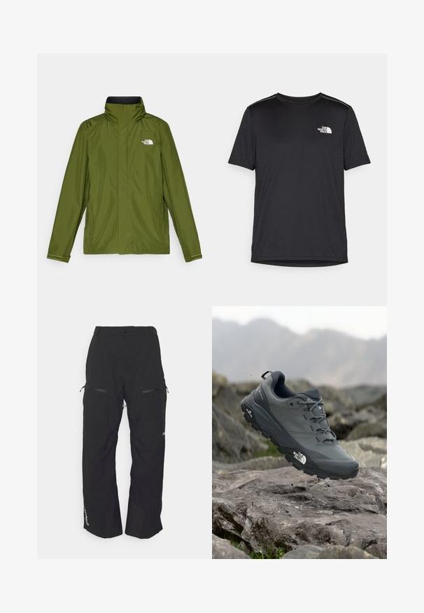 Alyvuogių žalios spalvos vandeniui atspari striukė su aukštu apykakle, ilgomis rankovėmis ir iškilmingu logotipu ant kairiojo krūtinės puodelio. Siūlomos užtraukiamos kišenės ir reguliuojamo ilgio rankogaliai.; Juodas trumpas rankovės marškinėliai, pagaminti iš lengvos medžiagos. Yra mažas baltas logotipas kairiajame krūtinės pusėje ir subtilūs pečių akcentai.; Oakley TNP LINED SHELL PANT 2.0 - Snieglenčių sporto kelnės - blackout; Pilkas bėgimo batelis su tekstūruota viršutine dalimi, tvirtu guminio pado ir sustiprinta nosimi. Turi raištelius ir prekės ženklo logotipą šone.