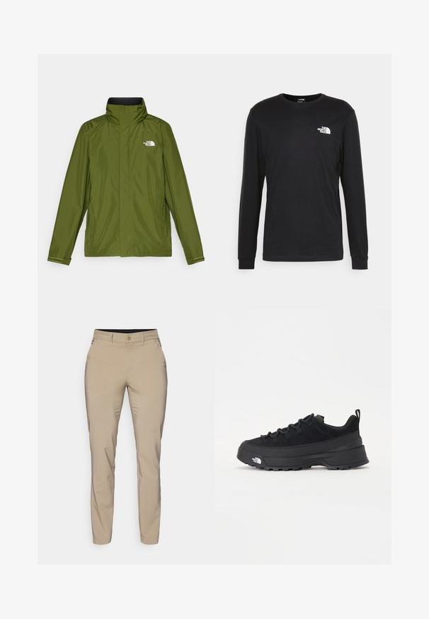 Olívazöld vízálló dzseki magas gallérral, hosszú ujjakkal és dombornyomott logóval a bal mellen. Cipzáras zsebekkel és állítható mandzsettákkal rendelkezik.; Fekete, hosszú ujjú pamut póló, bal mellrészen fehér logóval és bordázott mandzsettákkal. Sima textúrájú, kerek nyakkivágással.; Tömör bézs nadrág sima anyagból, karcsú szabással, egy gombbal záródik és oldalsó zsepei vannak, bokáig ér.; Fekete kültéri sneaker velúr felsőrésszel, texturált gumitalppal és strapabíró fűzőrendszerrel. Megerősített sarkú és oldalán márkalogóval rendelkezik.
