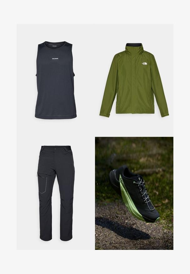 Olīvu zaļa ūdensizturīga jaka ar augstu apkakli, garām piedurknēm un reljefu logotipu kreisajā krūtī. Iekļauj zameta kabatas un regulējamas aproces.; Vīriešu bezpiedurkņu sporta krekls tumši zils, izgatavots no elpojoša auduma ar strukturētu virsmu un atstarojošu logotipa detaļu priekšā.; Melni āra bikses ar rāvējslēdzēja sānu kabatu, elastīgu jostasvietu un gludu, ūdensizturīgu audumu. Tīra dizaina bez redzamām emblēmām.; Melna sporta kurpe ar tekstūrētu virsmu un zaļiem akcentiem. Iezīmējas ar vieglu konstrukciju un unikālu, rakstainu zoli, kas nodrošina saķeri.