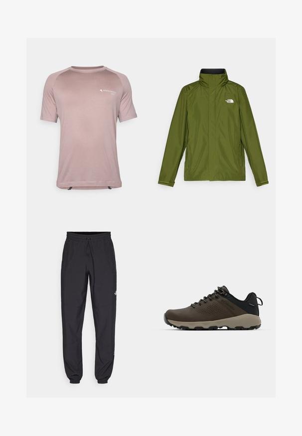Oliwkowa wodoodporna kurtka z wysokim kołnierzem, długimi rękawami i wytłoczonym logo na lewej piersi. Posiada kieszenie na zamek i regulowane mankiety.; Jasnoróżowa koszulka techniczna z krótkim rękawem, wykonana z oddychającego materiału, z okrągłym dekoltem, kontrastowymi panelami na ramionach oraz nadrukiem logo.; Czarne spodenki sportowe wykonane z lekkiego materiału, z elastycznym pasem na sznurek, bocznymi kieszeniami i zwężanymi mankietami przy kostkach.; Brązowe wodoodporne trampki z teksturowaną cholewką, perforowanymi akcentami, czarnym wsparciem pięty i szarym gumowym podeszwy. Sznurówki ozdobione metalowymi końcówkami.