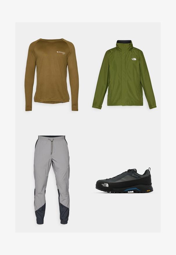 Olīvu zaļa ūdensizturīga jaka ar augstu apkakli, garām piedurknēm un reljefu logotipu kreisajā krūtī. Iekļauj zameta kabatas un regulējamas aproces.; Olīvu zaļas krāsas garām piedurknēm krekls, izgatavots no strukturētas auduma. Iezīmēts ar noapaļotu izgriezumu un nelielu logotipu priekšpusē.; Viegls, pelēks sporta bikses ar melniem akcentiem. Elastīga josta, ar auklu aizdare, sašaurināts kāju dizains un sānu kabatas.; The North Face VERTO ALPINE GORE TEX - Pārgājienu apavi - asphalt grey/tnf black