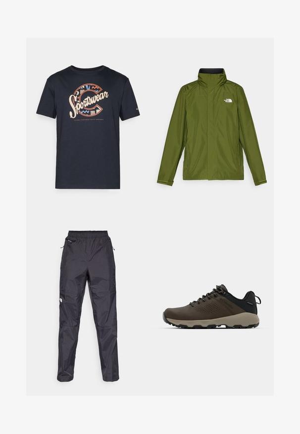 Olive green waterproof jacket with high collar, long sleeves, and embossed logo on the left chest. Features zippered pockets and adjustable cuffs.; Navy blue cotton t-shirt featuring a large, colorful "Sportswear" graphic with geometric patterns and the letter "C" on the front.; Black waterproof pants made from lightweight, textured material. Features an elastic waistband and zipper pockets.; Brown waterproof sneakers with a textured upper, perforated accents, black heel support, and a grey rubber sole. Laces are styled with metallic ends.