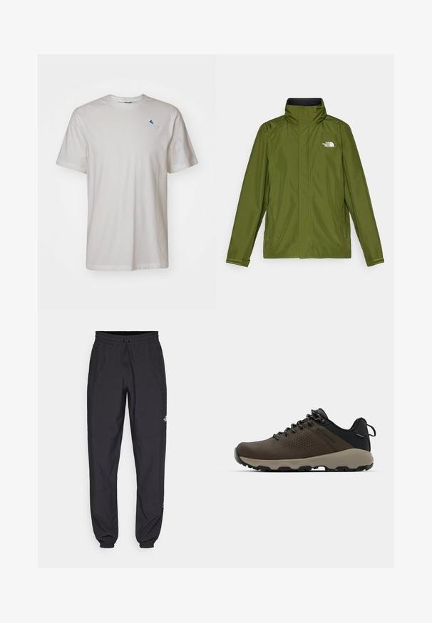 Oliwkowa wodoodporna kurtka z wysokim kołnierzem, długimi rękawami i wytłoczonym logo na lewej piersi. Posiada kieszenie na zamek i regulowane mankiety.; Klättermusen - T-shirt basic; Czarne spodenki sportowe wykonane z lekkiego materiału, z elastycznym pasem na sznurek, bocznymi kieszeniami i zwężanymi mankietami przy kostkach.; Brązowe wodoodporne trampki z teksturowaną cholewką, perforowanymi akcentami, czarnym wsparciem pięty i szarym gumowym podeszwy. Sznurówki ozdobione metalowymi końcówkami.