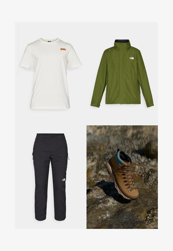 Alyvuogių žalios spalvos vandeniui atspari striukė su aukštu apykakle, ilgomis rankovėmis ir iškilmingu logotipu ant kairiojo krūtinės puodelio. Siūlomos užtraukiamos kišenės ir reguliuojamo ilgio rankogaliai.; Kreminės spalvos medvilninė marškinė su trumpomis rankovėmis ir apvaliu iškirpimu, papuoštos oranžine grafika kairėje krūtinės pusėje.; The North Face WINTER EXPLORATION TAPERED CARGO - Lauko kelnės - black; Rudi žygio batai su sintetine viršutine dalimi, šviesiai mėlynu apvadu, metaliniais akių laikikliais ir tekstūruotu gumuotu padu. Sukurti lauko veikloms.