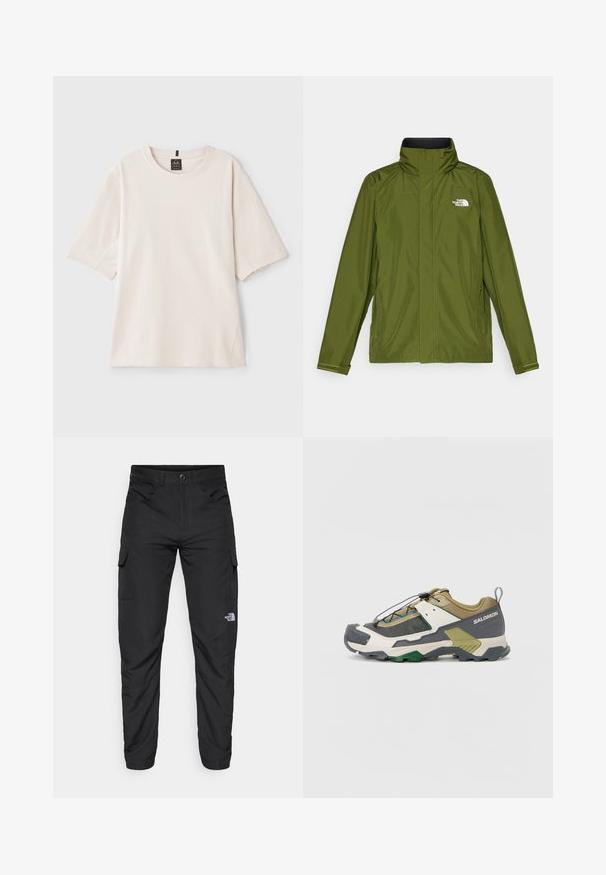Olivengrønn vanntett jakke med høy krage, lange ermer og preget logo på venstre bryst. Har glidelåslommer og justerbare mansjetter.; Lys beige t-skjorte laget av myk bomull. Har rund hals, korte ermer og en avslappet passform med detaljer på sidesømmen.; The North Face HORIZON PANT - Friluftsbukser - black; Terrengløpesko med en kombinasjon av brune, grå og hvite materialer, mesh-paneler, en tykk gummisåle og et hurtiglåssystem.
