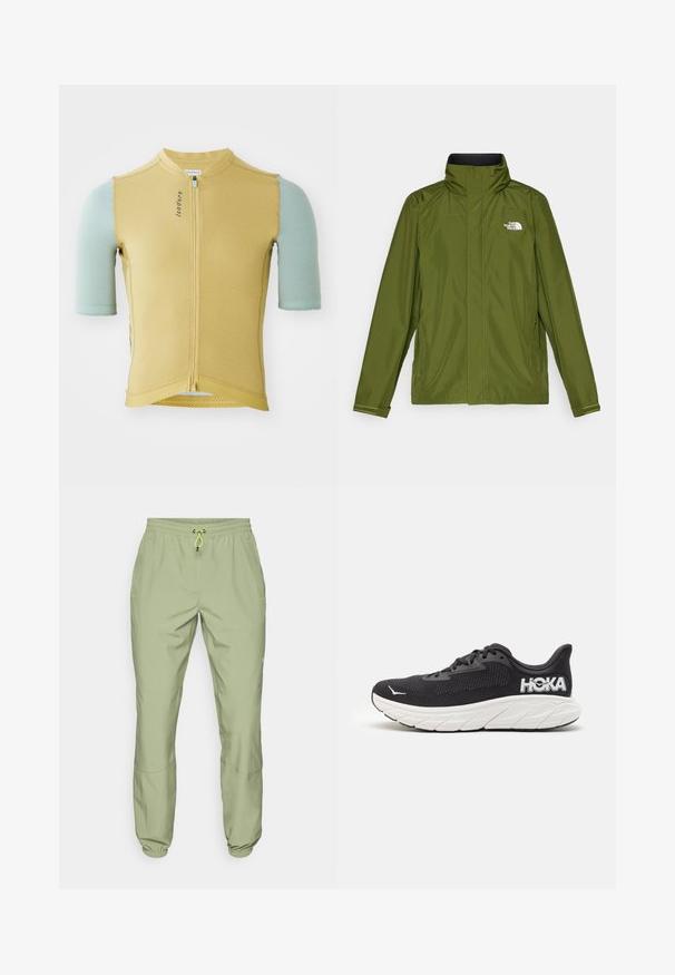 Olīvu zaļa ūdensizturīga jaka ar augstu apkakli, garām piedurknēm un reljefu logotipu kreisajā krūtī. Iekļauj zameta kabatas un regulējamas aproces.; Īsām piedurkņu riteņbraukšanas krekls dzeltenā un gaiši zilā krāsā, ar priekšējo rāvējslēdzēju, strukturētu audumu un pielāgotu piegriezumu.; Gaiši zaļas sporta bikses ar elastīgu jostu, aukliņu aizdari un potīšu aproces; satur divas sānu kabatas un gludu tekstūru.; Melnas sporta kedas ar teksturētu sietu augšdaļu, baltu apakšējo daļu, izteiksmīgu logotipu uz papēža un izliekta zolīte mīkstināšanai.