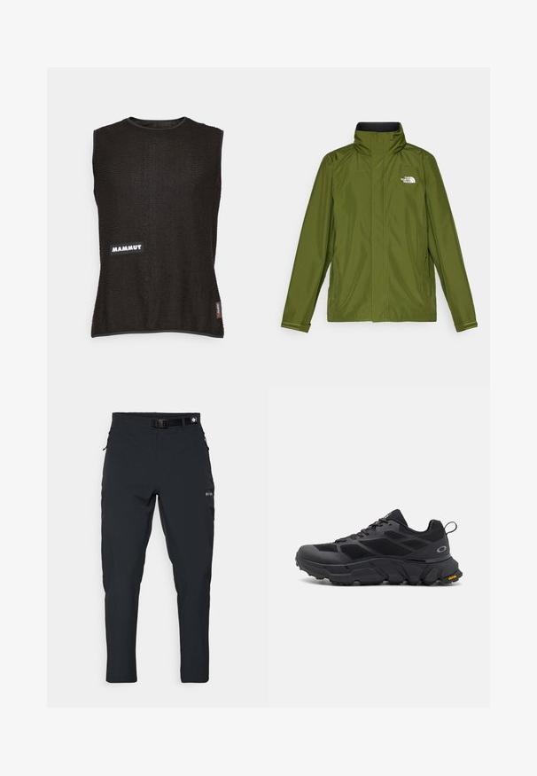 Casaco impermeável verde-oliva com gola alta, mangas longas e logo em relevo no lado esquerdo do peito. Apresenta bolsos com fecho e punhos ajustáveis.; Top preto sem mangas com material texturizado, apresentando um logo branco "Mammut" e uma pequena etiqueta vermelha de destaque na lateral, decote arredondado.; Columbia ESSENTIAL HIKE™ PANT - Calças para exterior - black; Sapatos atléticos pretos com uma sola volumosa, parte superior em malha e sintético, acabamentos texturizados e marca Vibram na sola.