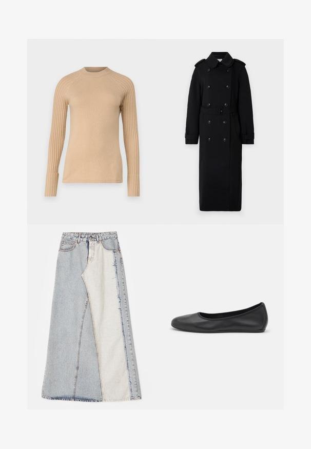 Abrigo largo negro hecho de una tela suave y texturizada. Presenta botones de doble botonadura, una cintura ceñida con cinturón y hombreras.; MAX&Co. CANOSSA - Jersey de punto - kamel; Falda de mezclilla con un diseño de patchwork que presenta secciones en azul claro y medio, dobladillos deshilachados y cintura alta. Estilo clásico de cinco bolsillos.; Bailarina de piel negra con punta redondeada, textura suave, detalle de costura minimalista y diseño de suela flexible.