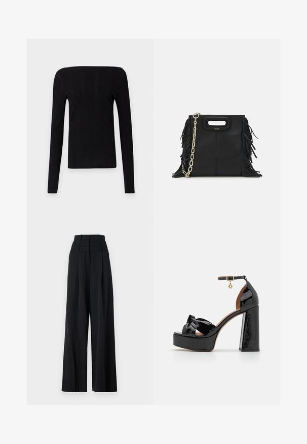 Dlouhý černý trenčkot vyrobený z měkké, texturované tkaniny. Obsahuje dvojité knoflíky, pásový pas a ramenní epaulety.; Černý top s dlouhým rukávem, rovný výstřih a ribkovanou Texturou, který má přiléhavý střih a žádné viditelné kovové prvky nebo akcenty.; Černé kalhoty s širokými nohavicemi a vysokým pasem, s plisovanými detaily na přední straně a hladkým povrchem. Žádné viditelné logo nebo vzor.; Maje Sandály na vysokém podpatku - noir; Černá kožená kabelka s třásněmi, zlatým řetízkovým ramenním popruhem a rukojetí s výřezem. Na přední straně se nachází logo.