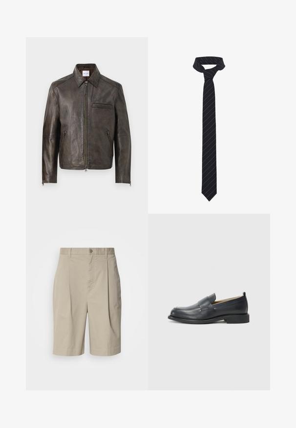 Bruine leren jas met een ritssluiting aan de voorkant, knoopkraag en één borstzak. Bevat ritssluitingen aan de zijzakken en heeft een gladde textuur.; Witte langemouw overhemd van gestructureerde stof, met een klassieke kraag, knopen vooraan en een rechte zoom, met een losse pasvorm.; Beige katoenen shorts met geplooide voorkant, knoopsluiting op de taille en zijzakken. Gladde textuur en knielange snit.; Zwarte leren loafers met een gladde afwerking, een platte zool en een ronde neus met een decoratieve band over de bovenkant.; Zwarte vlinderdas met diagonale blauwe strepen, gemaakt van een gladde stof. Heeft een taps toelopend uiteinde en een geknoopte lus aan de bovenkant.