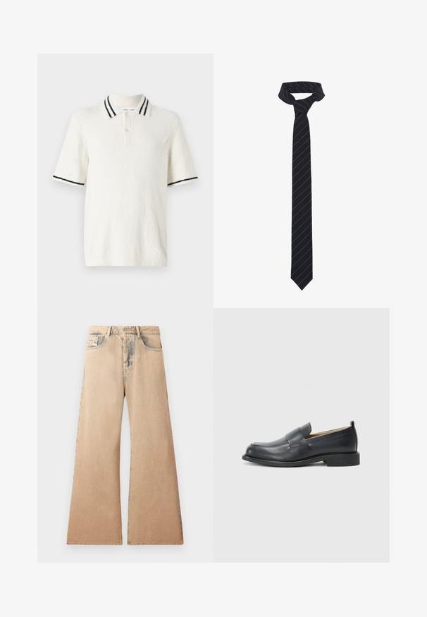 Hnedá kožená bunda so zipsom na prednej strane, s podpínacím golierom a jednou náprsné kapsou. Obsahuje bočné vrecká na zips a hladký povrch.; Poloko s krátkym rukávom v off-white textilnej tkanine, s pleteným golierom s dvoma čiernymi pruhmi a s troj gombíkovou légou.; Bežové široké džínsy s vyblednutou textúrou, päť vreciek a prešívanými detailmi pozdĺž švov. Pás má tradičné gombíkové zapínanie.; Čierne kožené poltopánky s hladkým povrchom, plochou podrážkou a okrúhlou špičkou s dekoratívnym pásikom cez hornú časť.; Čierny motýlik s diagonálnymi modrými pruhmi, vyrobený z hladkej látky. Disponuje špicatým koncom a uzlovým slučkovým uzáverom na vrchu.