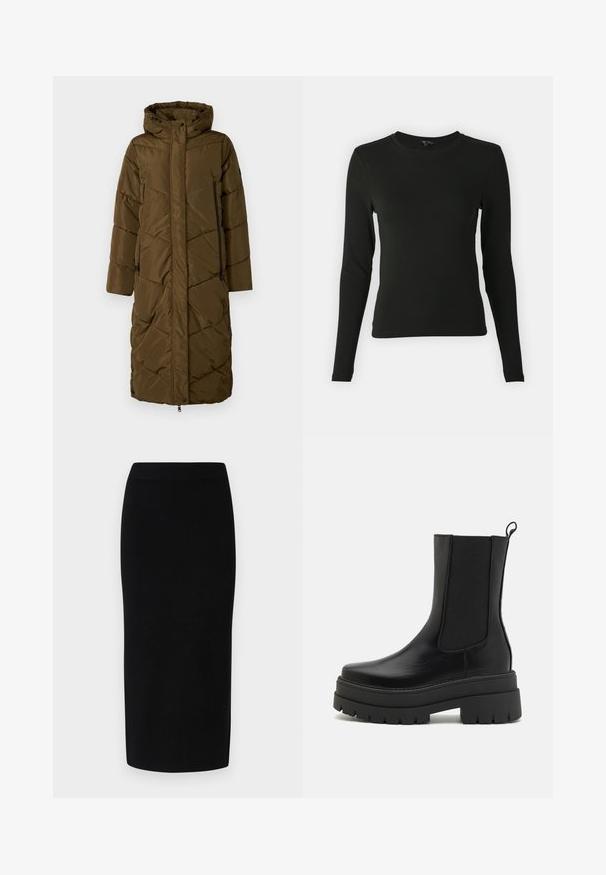 Manteau rembourré long en olive foncé avec une capuche. Dispose d'un motif matelassé diagonal, fermeture éclair à l'avant et de deux poches latérales avec zippers.; Chemise noire à manches longues en tissu lisse, avec un col rond et une coupe ajustée, sans motifs ni accents visibles.; Jupe midi en tricot noir avec une silhouette ajustée, dotée d'une large taille élastique et d'une texture lisse, sans motifs ou accents discernables.; Simmi London FINLAY - Bottines à plateau - black