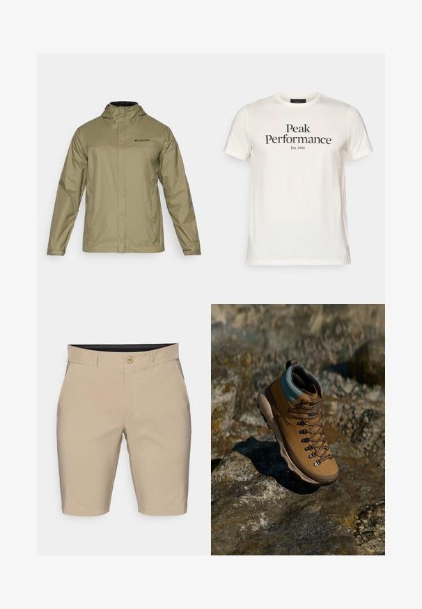 Vihreä oliivinvärinen vedenpitävä takki hupulla, edessä vetoketju, kaksi sivutaskua ja musta logo rinnassa. Suora pinta ja pitkät hihat.; Kreemivärvi puuvillane T-särk, millel on musta värvi trükk "Peak Performance" ja "Est. 1986", lühikeste varrukatega ja ümar kaelus.; Harmaat shorts, jotka on valmistettu puuvillasekoitekankaasta. Ominaisuuksiin kuuluvat napitus, vyölenkit ja suorat helmat. Ei näkyviä kuvioita tai koristeita.; Ruskeat vaelluskengät, joissa on synteettinen päällinen, vaaleansininen kaulus, metalliset nyörilenkit ja puhdas kumipohja. Suunniteltu ulkoilmaaktiviteetteihin.