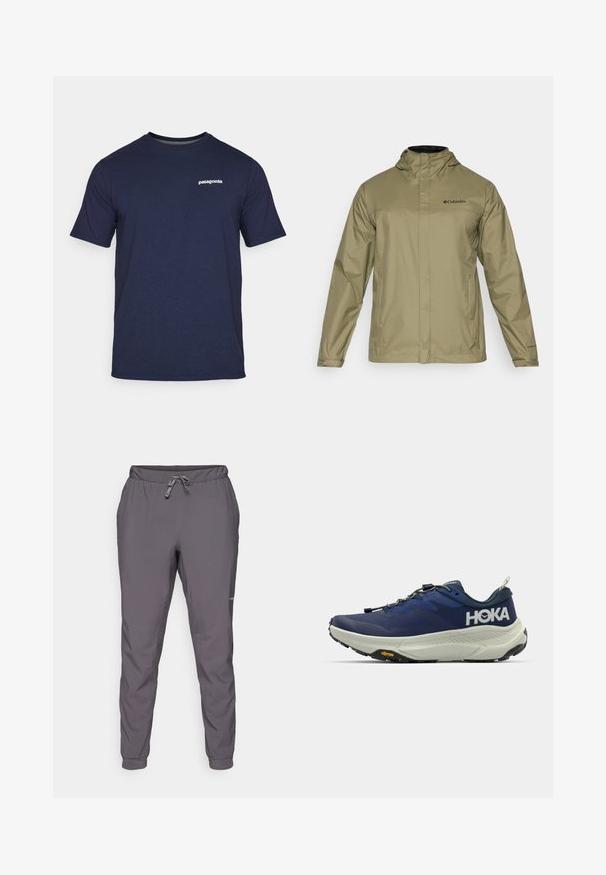 Αδιάβροχο σακάκι σε ανοιχτό ελαιώδη πράσινο με κουκούλα, μπροστινό φερμουάρ, δύο πλευρικές τσέπες και μαύρο λογότυπο στο στήθος. Λείο ύφασμα και μακριά μανίκια.; Ναυτικό μπλε βαμβακερό T-shirt με κοντά μανίκια, στρογγυλή λαιμόκοψη και λευκό λογότυπο "patagonia" στο αριστερό στήθος. Μαλακή υφή, κλασική εφαρμογή.; Γκρίζες, ελαφριές, ελαστικές παντελόνες με ρυθμιζόμενο κορδόνι στη μέση; κομμένες πόδια; λεία υφή; περιλαμβάνει λεπτομέρεια λογοτύπου στο πλάι.; Παπούτσι τρεξίματος HOKA σε ναυτικό μπλε με διχτυωτό επάνω μέρος, παχύ κρεμ μεσαίο σόλα, γκρι σόλα, λογότυπο Vibram και ελαστικά κορδόνια ταχύτητας.