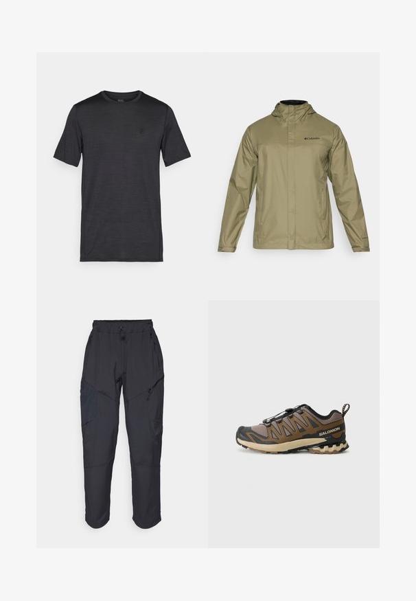 Soehe oliivroheline veekindel jope kapuutsi, esikinnise, kahe küljetasku ja musta logo kaeluses. Sile tekstuur ja pikad varrukad.; Must hämaras lühikeste varrukatega t-särk, mis on valmistatud sujuvast ja kergest kangast. Omab ümmargust kaelust ja rinnal on ääristatud logo.; Mustad mustad püksid, mis on valmistatud kergest veekindlast materjalist; sisaldavad elastset vööd, mitmeid lukuga taskuid ja kitsenevaid jalgu.; Pruun ja must sportlik jalanõu, millel on võrgukangas, kummist varbakattega ja tekstuurse tallaga. Omab kiire kohandamise süsteemi ja pehmendatud krae.