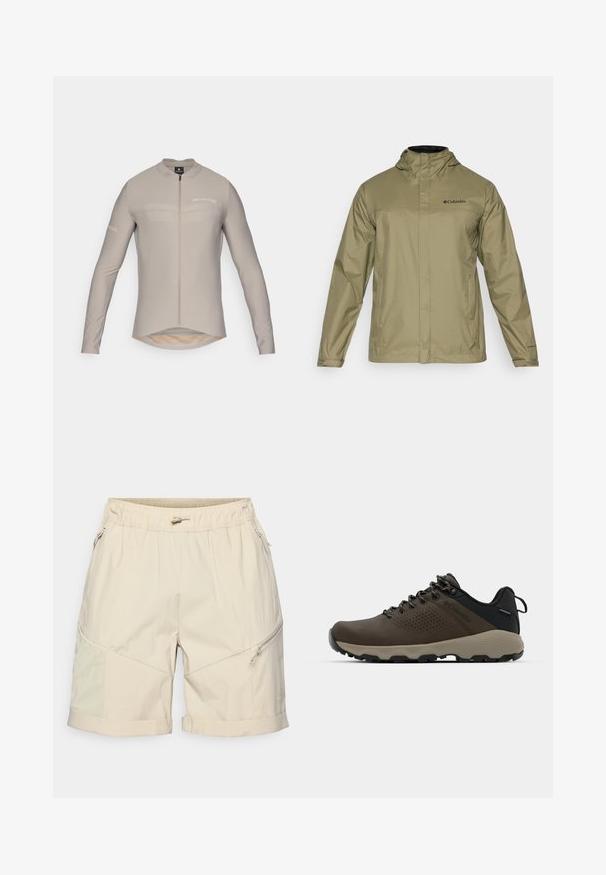 Svetlo olivovo zelená nepremokavá bunda s kapucňou, predným zipsom, dvoma bočnými vreckami a čiernym logom na hrudi. Hladká textúra a dlhé rukávy.; Svetlo béžový cyklistický dres s dlhým rukávom, vysokým golierom, predným zipsom a diskrétnym logom. Obsahuje predĺženú zadnú časť a hladkú textúru látky.; Béžové šortky vyrobené z ľahkého materiálu, s elastickým pásom, zipsovými vreckami a prehnutým lemom s kontrastnými textúrovanými panelmi.; Hnedé vodoodolné tenisky s textúrovaným zvrškom, perforovanými detailmi, čiernou oporou päty a šedou gumovou podrážkou. Šnúrky sú ozdobené kovovými koncami.