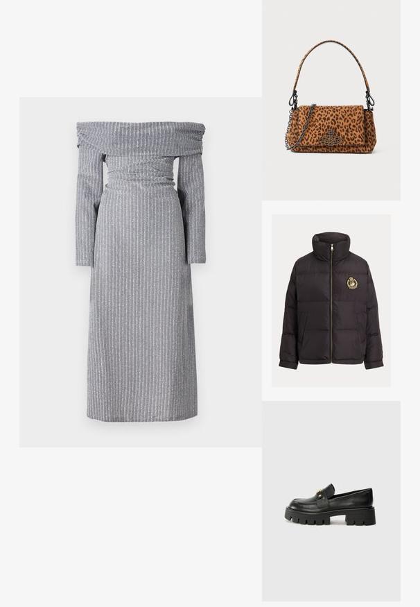Juoda pūsta striukė su aukštu apykakle, auksiniu užtrauktuku, siuvinėtu logotipu ant krūtinės ir struktūruotu siūtu dizainu su šoninėmis kišenėmis.; Švelniai pilkas suknelė be petnešų, su subtiliomis vertikaliomis juostelėmis, liemens prigludimu, ilgomis rankovėmis ir laisvu siluetu. Minkšta audinio tekstūra.; Juodi odiniai loafers batai su masyviu padu, papuošti auksiniu akcentu priekyje ir lygiu paviršiumi. Masyvi protektoriaus dizaino išvaizda padais.; Žirafos rašto rankinė, pagaminta iš zomšos, su trumpa rankena, grandinėlės dirželiu ir juodo metalo užsegimu. Stačiakampio formos, su uždėta užsklanda.