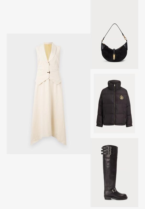 Svart vadderad jacka med hög krage, guldig dragkedja, broderad logga på bröstet och strukturerad quiltad design med sidofickor.; Stine Goya MATTE SHEER TAILORED HANDKERCHIEF DRESS - Vardagsklänning - ivory/cornsilk; Svart läderstövel upp till knäna med rund tå, tre remmar med spännen upptill och en sidospänne-detalj. Platt sula och slät yta.; Svart handväska med en böjd form, gjord av mocka och läder, med en dragkedja i guldton och en logodetalj. Har ett kort handtag.