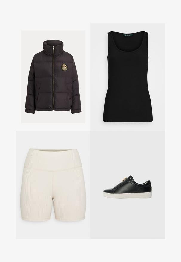 Black puffer jacket with a high collar, gold zipper, embroidered logo on the chest, and structured quilted design with side pockets.; Black ribbed tank top with a rounded neckline, fitted shape, and seamless edges. Fabric is soft and stretchy. Label reads "LAUREN."; Beige ribbed shorts with a high waistband. Smooth texture, fitted design, and a mid-thigh length. No visible hardware or patterns.; Black leather slip-on shoes with a raised seam, silver hardware detail on the upper, and a white rubber sole featuring embossed branding.