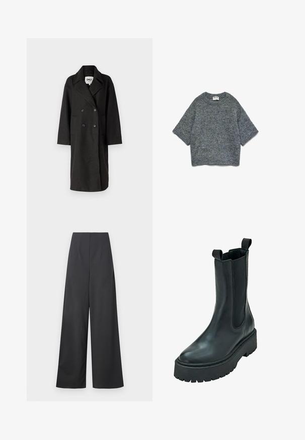 Schwarzer doppelter Übermantel mit Reverskragen, langen Ärmeln, zwei Fronttaschen und lockerer Passform. Hergestellt aus einem weichen, strukturierten Material.; Grauer Pullover aus Strick mit Rundhalsausschnitt, kurzen Ärmeln und relaxter Passform. Weicher Stoff mit einem dezenten Muster im gesamten Design.; Hochtaillierte, weit geschnittene Hose aus dunkelgrauem Stoff mit glatter Textur. Verfügt über keine sichtbaren Taschen oder Verzierungen.; Schwarze Leder-Ankle-Boots mit elastischen seitlichen Einsätzen, abgerundeter Spitze und einer dicken, strukturierten Gummisohle. Verfügt über zwei Zuglaschen für einen einfachen Einstieg.