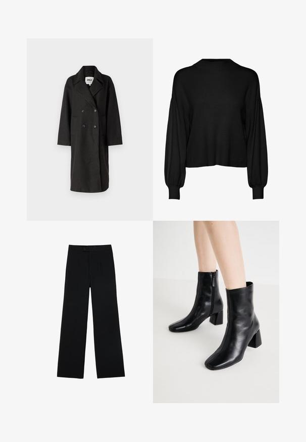 Sort dobbeltbrystet frakke med spidsklapper, lange ærmer, to forlommer og en afslappet pasform. Lavet af et blødt, struktureret materiale.; Sort, cropped sweater med lange, volumetriske ærmer. Har høj hals og ribbet struktur. Fremstillet af et blødt strikmateriale.; Sorte vidde bukser lavet af glat stof, med en frontknaplukning og to plissee for ekstra detaljer. Skræddersyet design i det hele taget.; ONLY SHOES ONLBRIELLE - Ankelstøvler - black