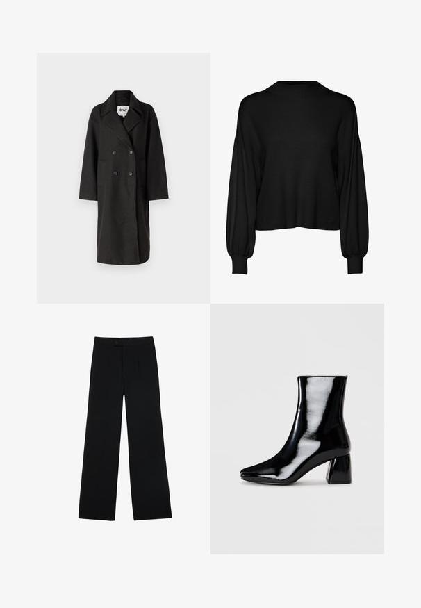 Zwarte dubbele-breasted overjas met gelapte revers, lange mouwen, twee voorkeurszakken en een ontspannen pasvorm. Gemaakt van een zachte, gestructureerde stof.; Zwarte, kort gesneden trui met lange, volumineuze mouwen. Heeft een hoge hals en geribbelde textuur. Gemaakt van een zachte breimateriaal.; Zwarte wijde broek van gladde stof, met een ritssluiting aan de voorkant en twee plooien voor extra detail. Over het geheel een nauwkeurige pasvorm.; Zwarte gepatineerde enkelboot met een spitse neus en een vierkante blokhak. Gladde textuur met een hoogglanzende afwerking, zonder zichtbare versieringen.
