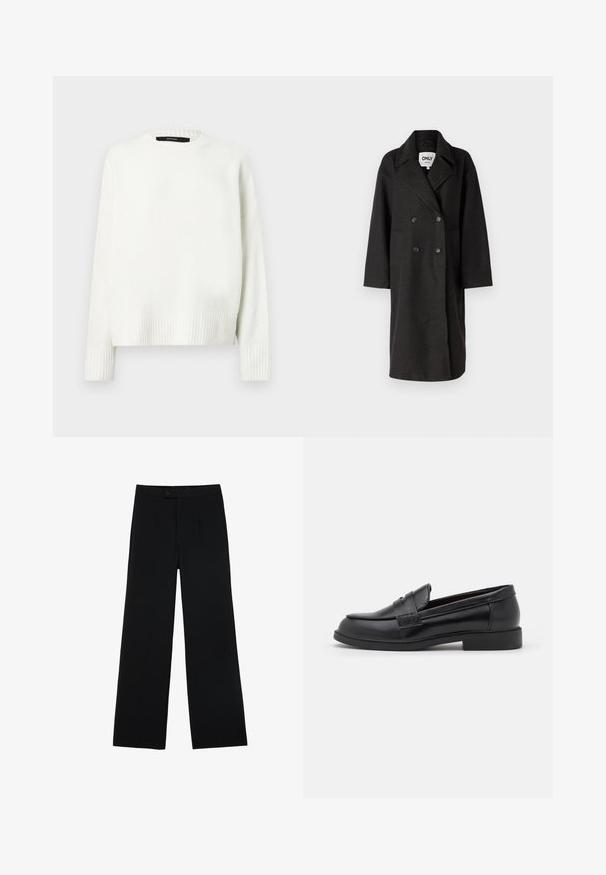 Cappotto doppiopetto nero con rever a punta, maniche lunghe, due tasche frontali e una vestibilità comoda. Realizzato in un materiale morbido e strutturato.; Maglione bianco lavorato a maglia con scollo tondo, polsini e orlo a coste. Texture morbida e vestibilità rilassata, con spalle scese.; Pantaloni neri a gamba larga realizzati in tessuto morbido, con chiusura frontale a bottoni e due pieghe per un dettaglio aggiuntivo. Design su misura in generale.; Mocassini in pelle nera con una superficie liscia, punta rotonda, dettagli cuciti sulla tomaia e suola piatta in gomma bassa.