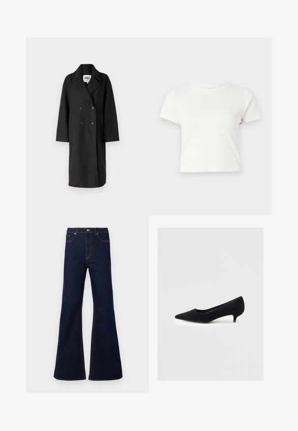 Black double-breasted overcoat with notched lapels, long sleeves, two front pockets, and a relaxed fit. Made of a soft, textured material.; Short white t-shirt made of cotton with short sleeves, a round neckline, and a straight hem, featuring a smooth texture and minimal design.; Dark blue flared denim jeans featuring a high waist, front pockets, and golden stitching accents. Smooth texture with a traditional cut.; Black pointed-toe pump made of soft fabric with a textured finish and a short, narrow heel. Simple design, no embellishments.