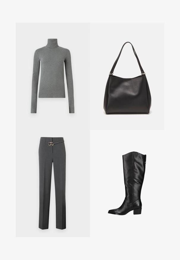 Svart dubbelknäppt kappa med slagkrage, långa ärmar, två framfickor och en avslappnad passform. Tillverkad av ett mjukt, strukturerat material.; Grå turtleneck-tröja i slät, elastisk tyg. Långa ärmar, figurnära design, minimal textur, utan synliga mönster eller metalldelar.; Mörkgrå skräddarsydda byxor för kvinnor med raka ben och ett tunt matchande bälte med ett spänne i guldton.; Svarta läderknästövlar med spetsig tå och hög blockklack. Glatt textur, minimal sömnad och en subtil logotypdetalj på sidan.; Svart handväska i syntetiskt läder med mjuk textur, hobo-form och dubbla axelremmar; har en glänsande finish och minimalistisk design.