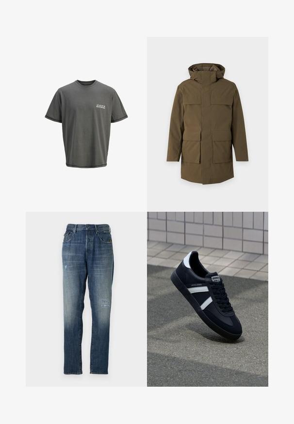 Olīvu zaļš parka ar kapuci, kurai ir divas lielas priekšējās kabatas un rāvējslēdzēja aizdare. Izgatavota no strukturēta, izturīga auduma. Taisna piegriezuma dizains.; Pelēks kokvilnas t-krekls ar apaļu kakla izgriezumu, īsām piedurknēm un ar drukātu logotipu kreisajā krūtī. Iezīmē kontrastējošu apdari.; Džinsi no denima ar izbalinātu zilu krāsu, taisnas kājas dizainu, mērenu nolietojumu priekšpusē un klasisku piecu kabatu stilu.; Melnā ādas sporta apavi ar baltām svītrām, teksturēta gumijas zole un auklu aizdare. Iekļauj zīmola etiķeti uz mēles.