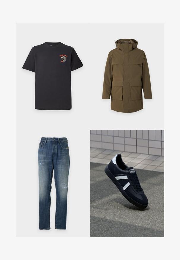 Parka verde oliva con capucha, que cuenta con dos grandes bolsillos delanteros y cierre de cremallera. Confeccionada en un tejido texturizado y duradero. Diseño de corte recto.; Camiseta de algodón negra con cuello redondo, mangas cortas y un diseño gráfico de la cara de un perro con acentos rojos en el pecho.; Jeans de mezclilla en un color azul deslavado, con un diseño de pierna recta, un desgaste moderado en la parte delantera y un estilo clásico de cinco bolsillos.; Zapatilla de cuero negra con rayas blancas, suela de goma texturizada y parte frontal con cordones. Cuenta con una etiqueta de marca en la lengüeta.