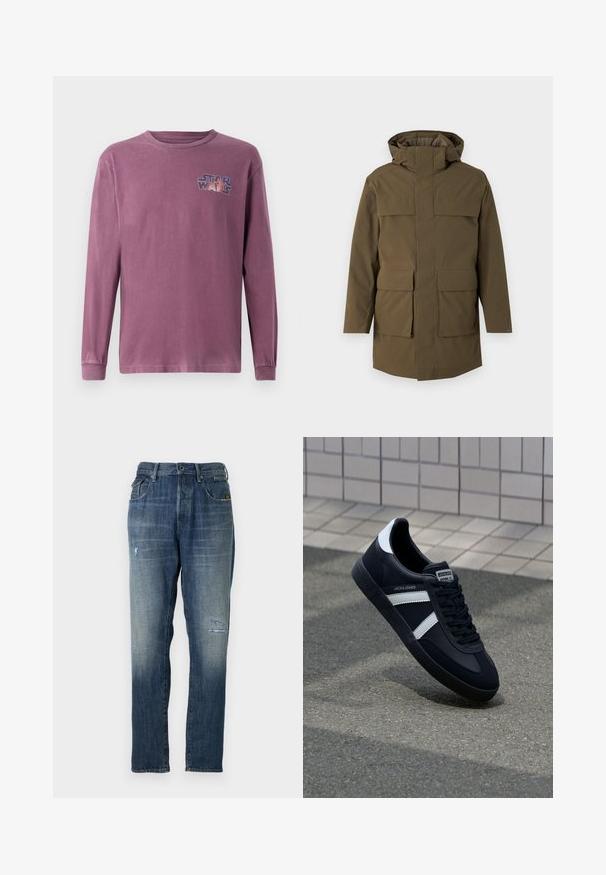 Olivgrüne Parka mit Kapuze, ausgestattet mit zwei großen Vordertaschen und einem Reißverschluss. Hergestellt aus strukturiertem, strapazierfähigem Material. Gerade geschnittenes Design.; Langärmliges T-Shirt mit Rundhalsausschnitt aus verblasstem lila Baumwollstoff, mit einem bunten "Star Wars"-Logo auf der linken Brust.; Denimjeans in einem verblassten Blau, mit geradem Beinschnitt, moderaten Abnutzungen an der Vorderseite und klassischem Fünf-Taschen-Design.; Schwarze Leder-Sneaker mit weißen Streifen, strukturiertem Gummisohle und Schnürung. Verfügt über ein Markenetikett auf der Zunge.