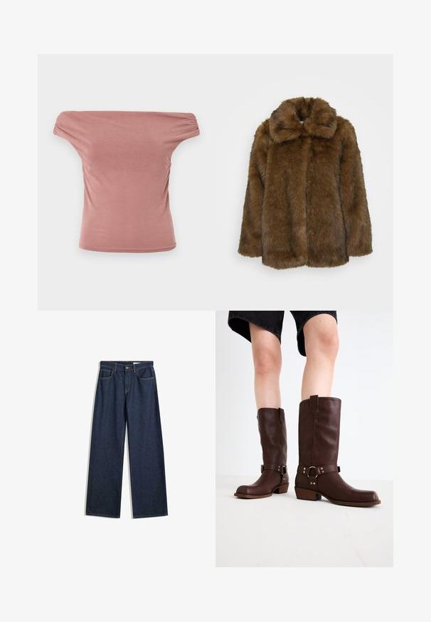 Barna műszőrme kabát magas gallérral, texturált felülettel és laza fazonnal. Teljes elülső része van, és nincsenek látható záródások.; Vállra húzható rózsaszín felső, puha anyagból. Ráncolt ujjak és testhez álló fazon jellemzi. Simaságának köszönhetően mentes a mintázatoktól és fém részeket nem tartalmaz.; Széles lábú, sötét farmernadrág, öt zsebbel, látható varrással és gombos záródással. Egyenes szabással és enyhe kopással rendelkezik.; Barna bőr, térd feletti csizmák kerek orral, textúrázott felülettel, bokapánttal és ezüst hardware részletekkel; rétegezett sarokkal.