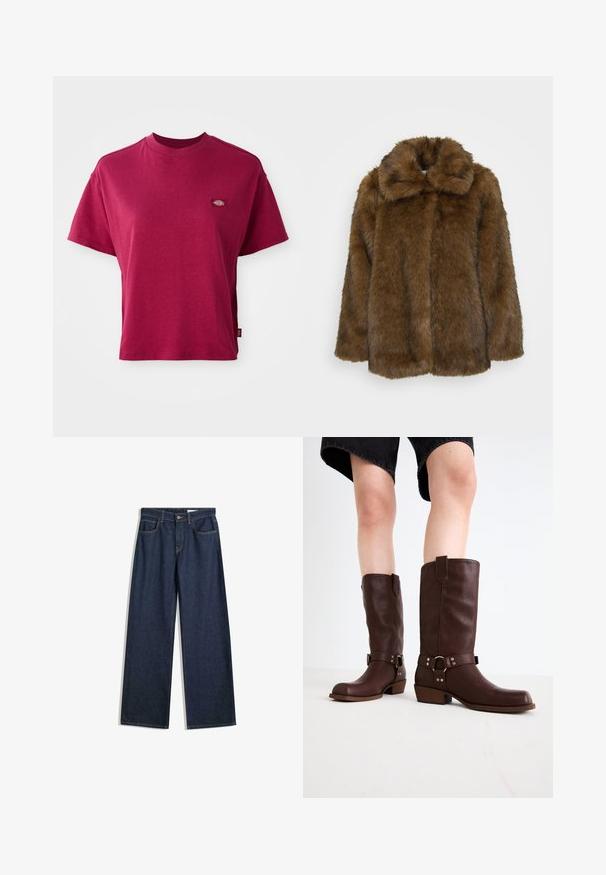 Rjava lažna krzna bunda z visokim ovratnikom, teksturirano površino in ohlapnim krojem. Ima popolno sprednjo zaprtje brez vidnih pritrdilnih elementov.; Slim-fit temno rdeča kratka majica s kratkimi rokavi in krožnim izrezom, z majhnim večbarvnim logotipom blagovne znamke na levem prsnem delu.; Široke temne kavbojke z visokim pasom, petimi žepi, vidnimi šivi in gumbom za zapiranje. Imajo ravno prileganje in lažjo obrabo.; Rjave usnjene čizme do kolen s zaobljenim nosom, teksturirano površino, trakovi okoli gležnja in srebrni detajli; zasnovane s steknjenim peto.